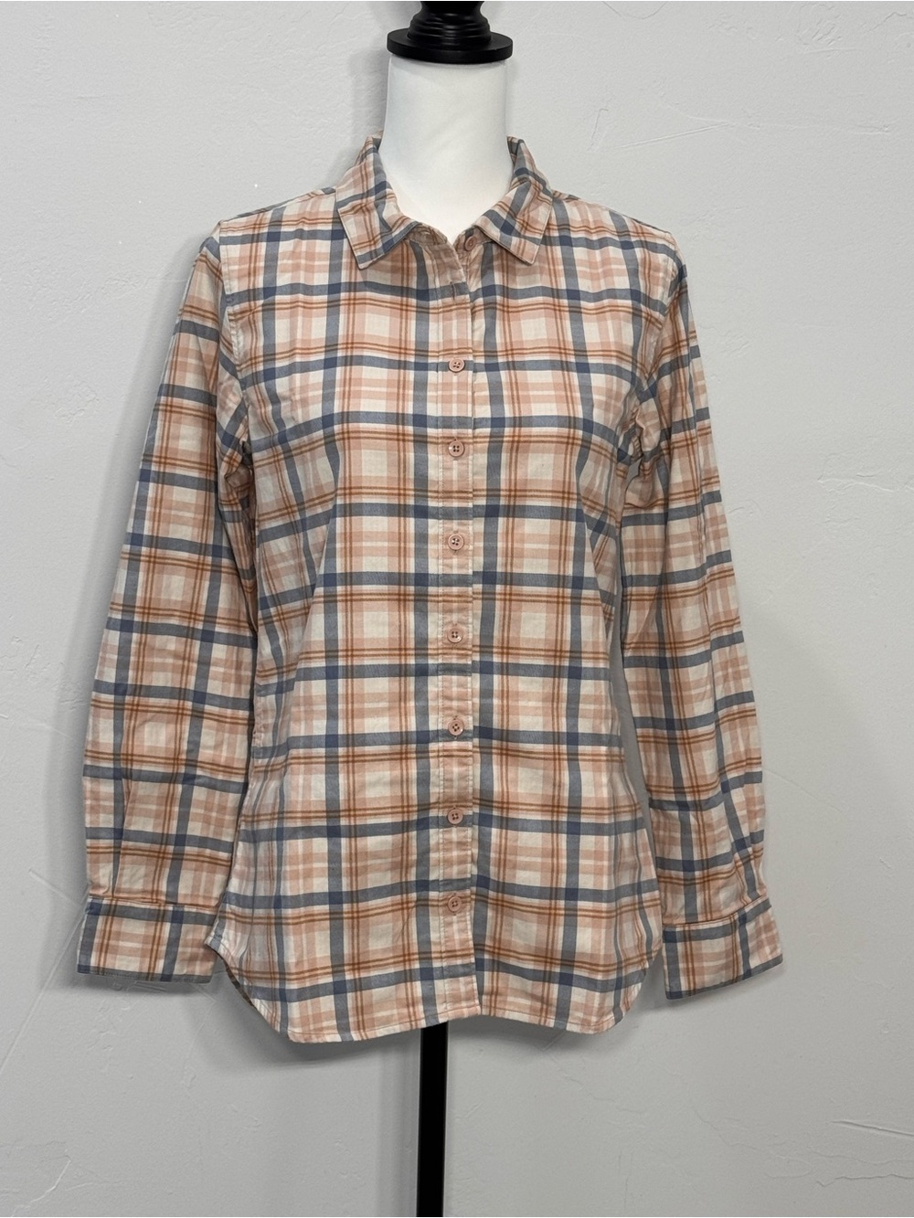 Garnet Hill Pink & Blue Plaid 100% Pima Cotton Flannel Button Down Shirt Size 8